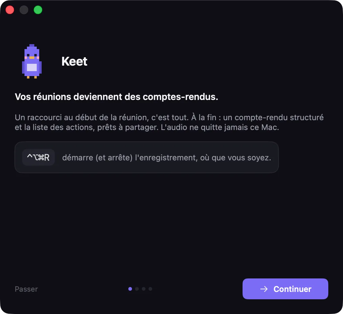 Écran de bienvenue de Keet