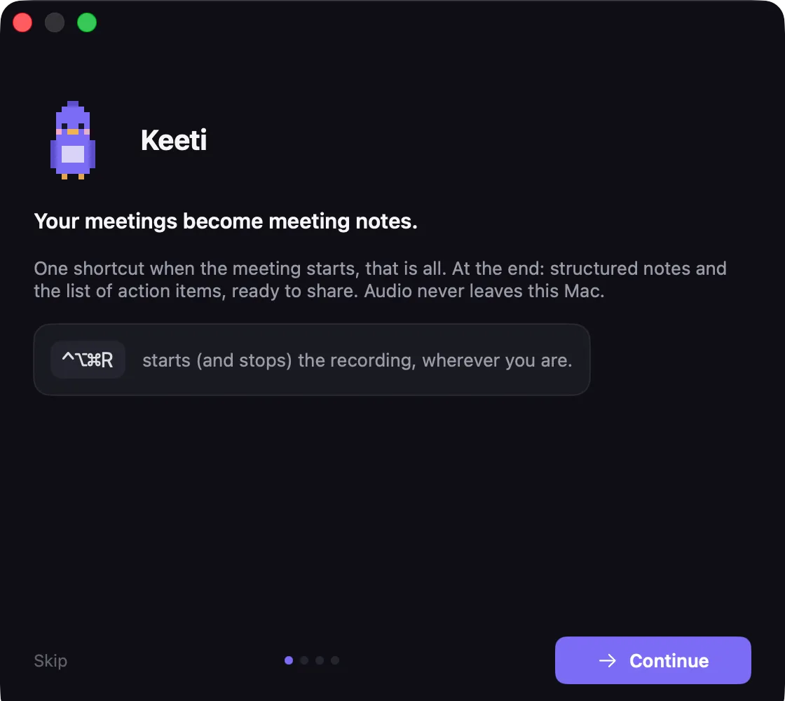 Keeti welcome screen