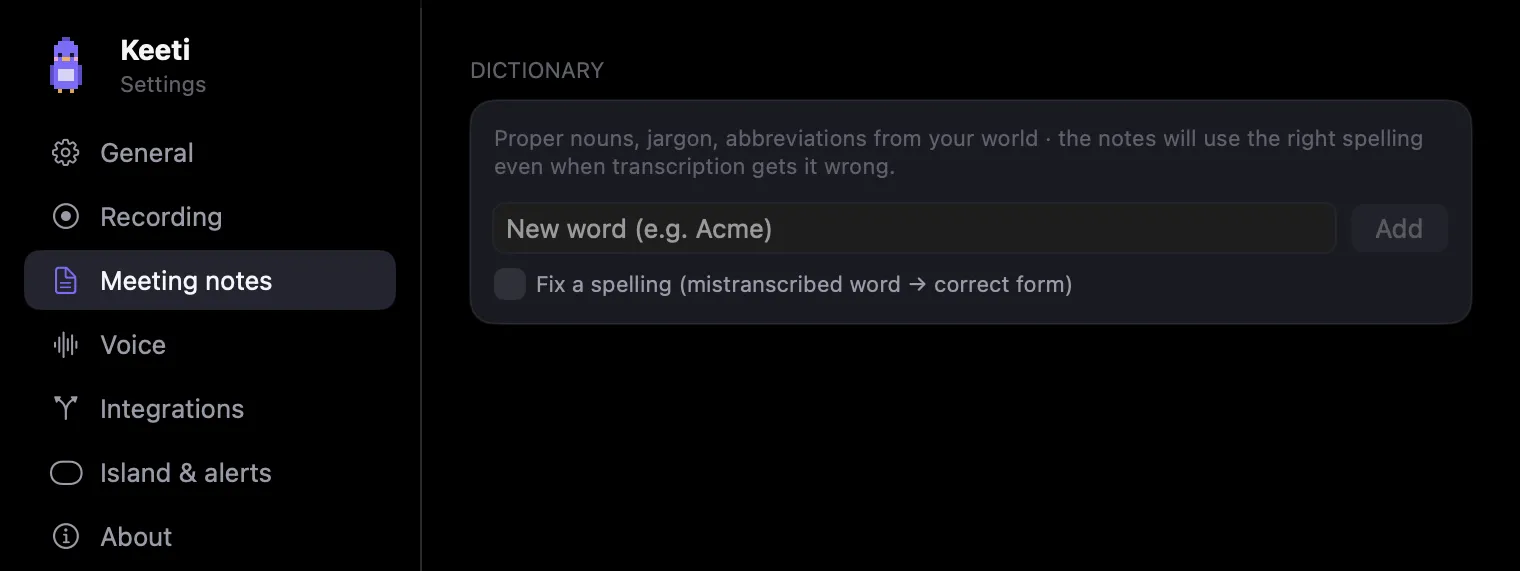 Settings, the dictionary