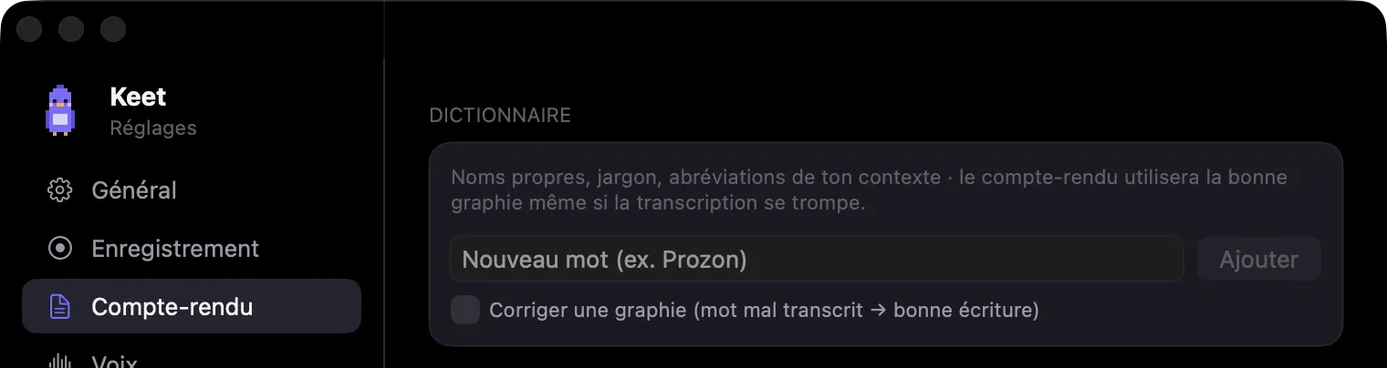 Réglages, le dictionnaire
