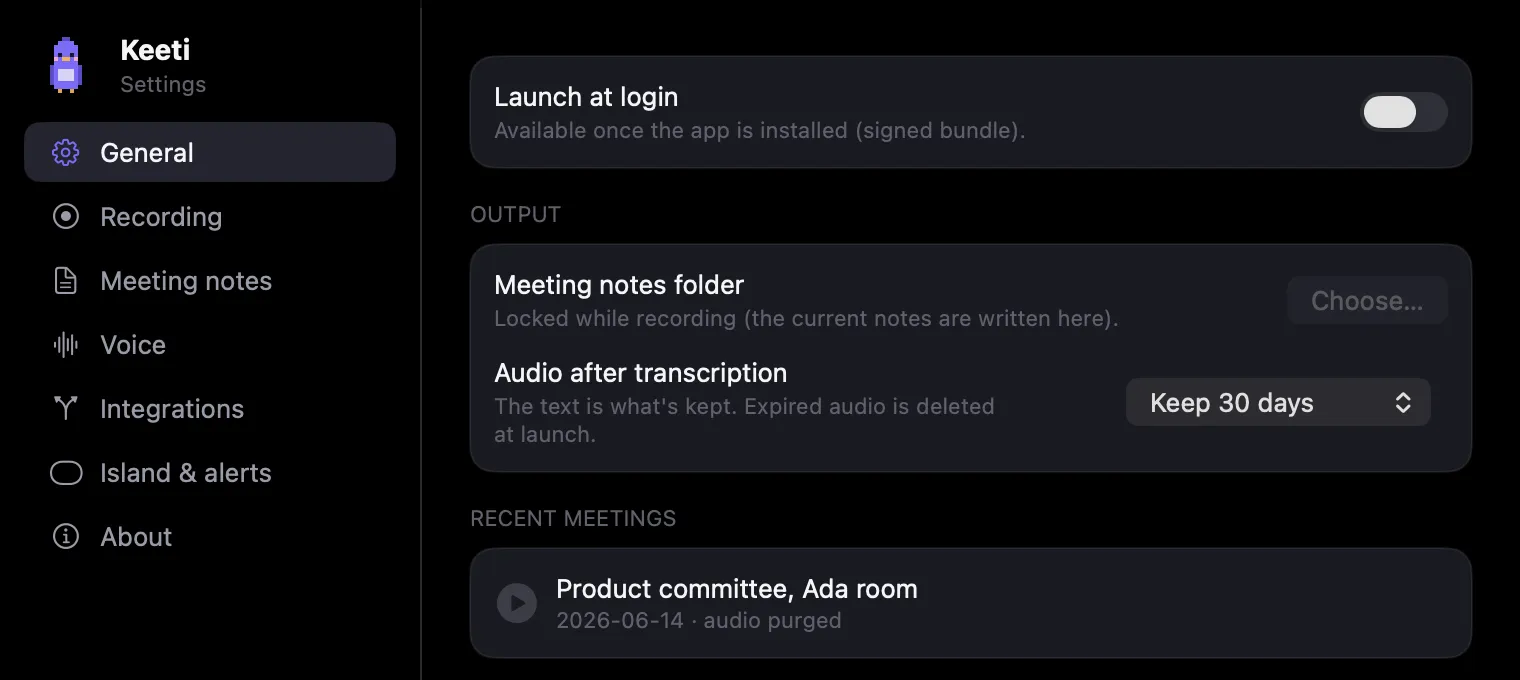 Settings, General page