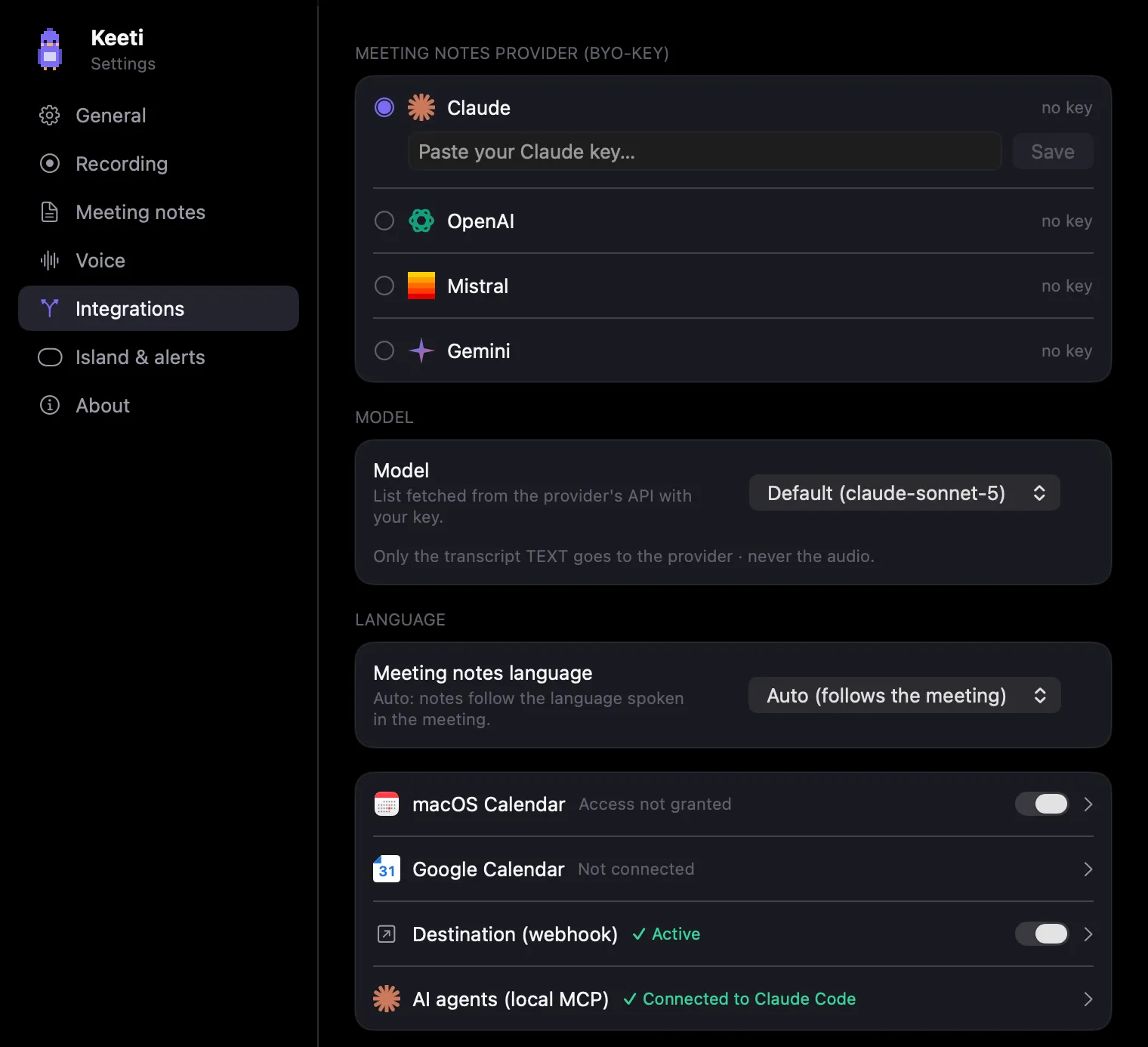 Settings, Integrations page