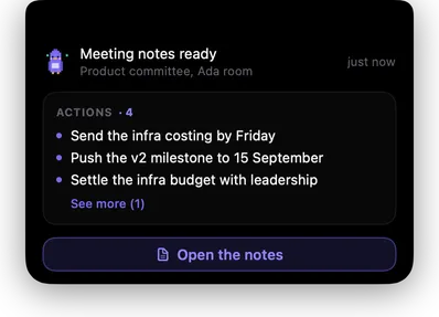 The island announces the notes are ready, with the action items and an Open button.